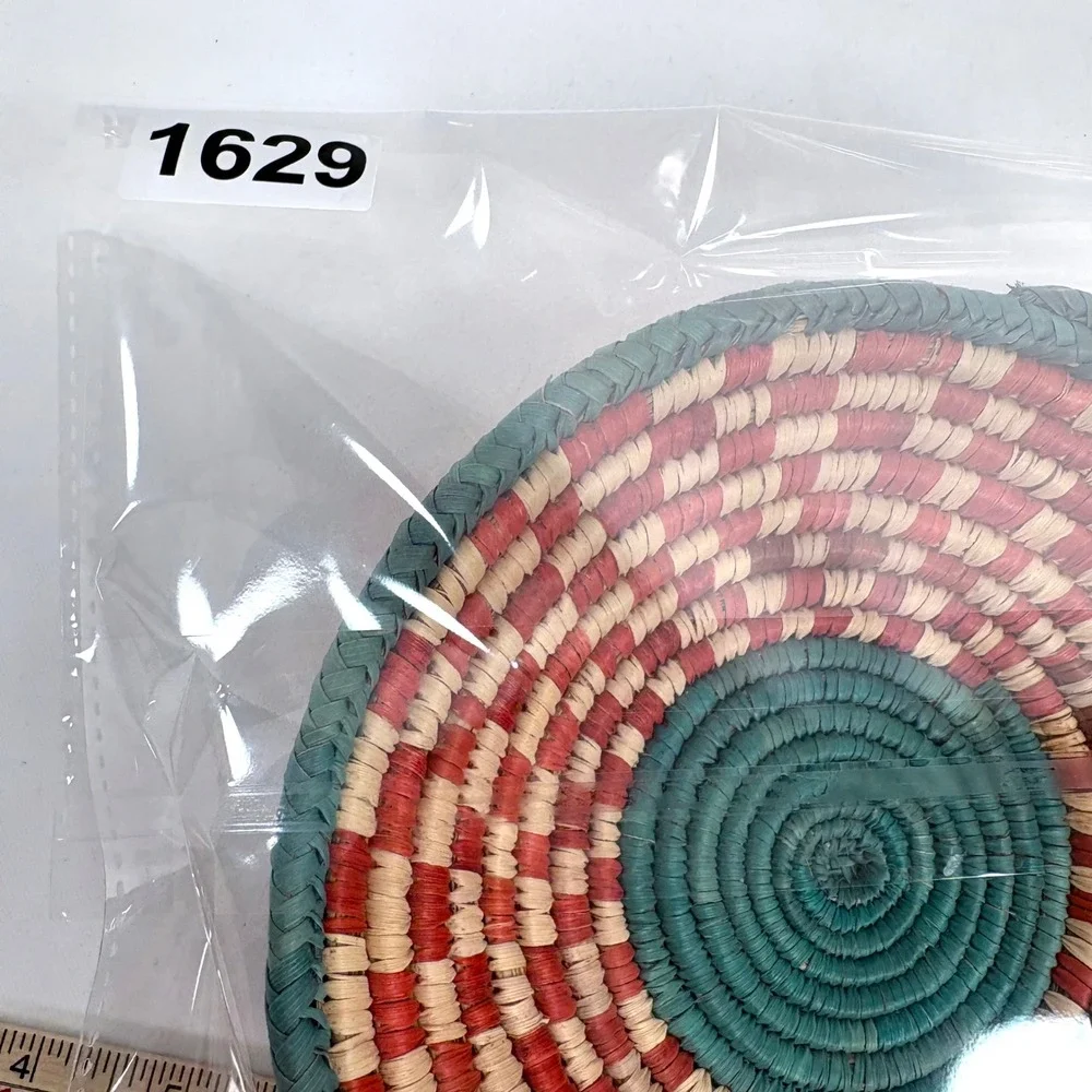 Woven Coiled Palm Basket Bowl Teal Red Natural Geometric Southwestern 8.5